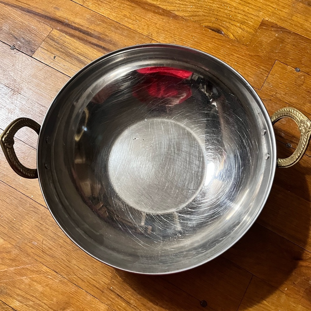 Vintage Copper Stainless Steel Bowl with Brass Handles 10”